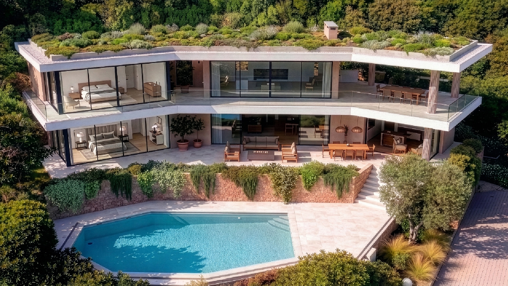 The same villa reimagined — proposed contemporary transformation with extension and green roofs